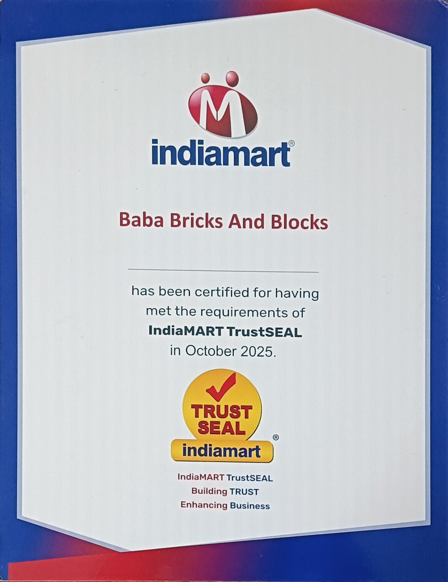 Certificate Indiamart to Baba Bricks and Blocks